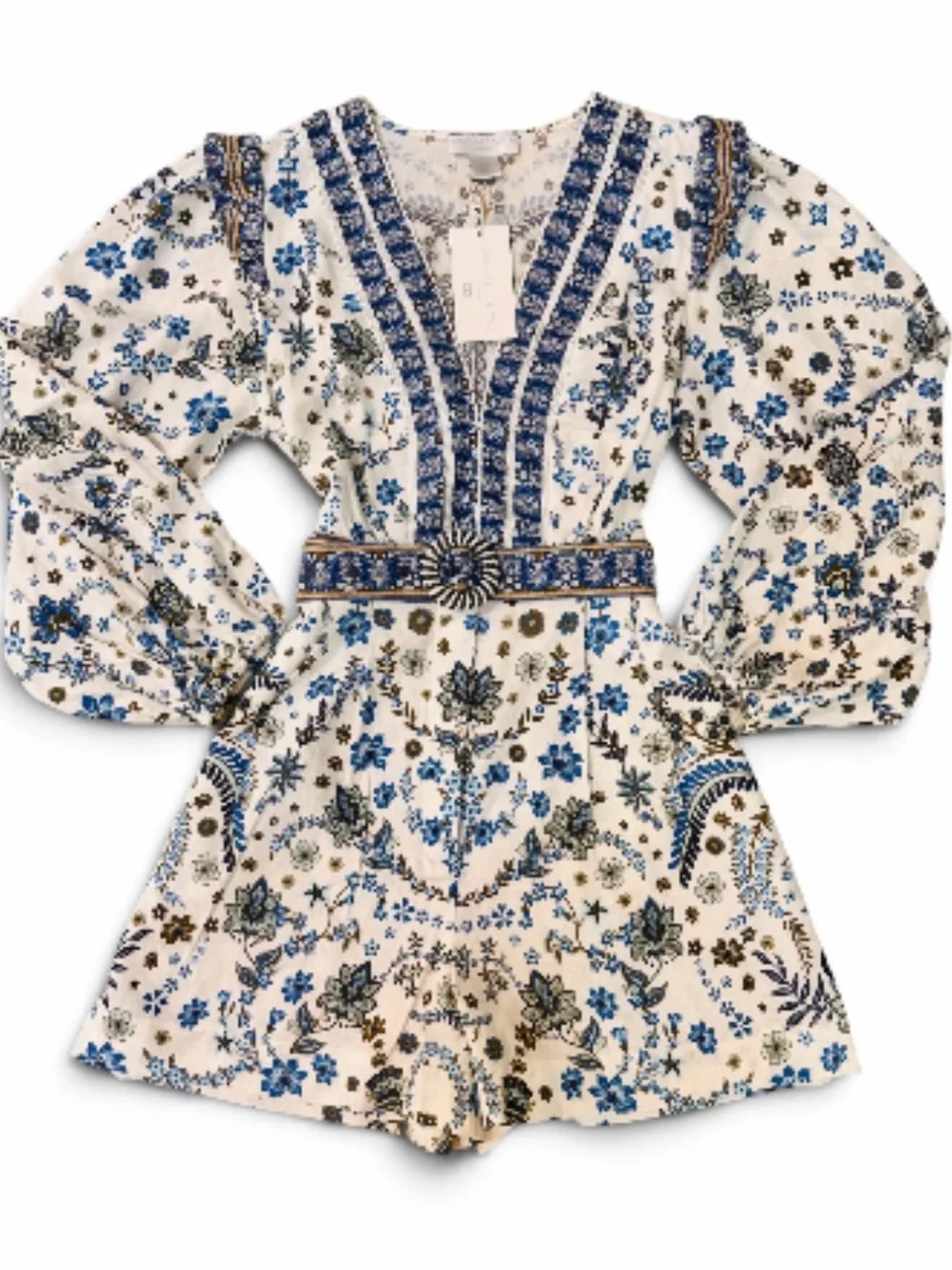 NWT Caroline Constas Romper M Linen Blnd Floral Palm White Blue Beaded Belt Chic